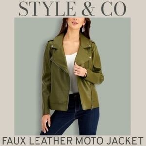 STYLE & CO Faux-Leather Hip Length Moto Style Olive/Moss Colored Jacket/LG NWT